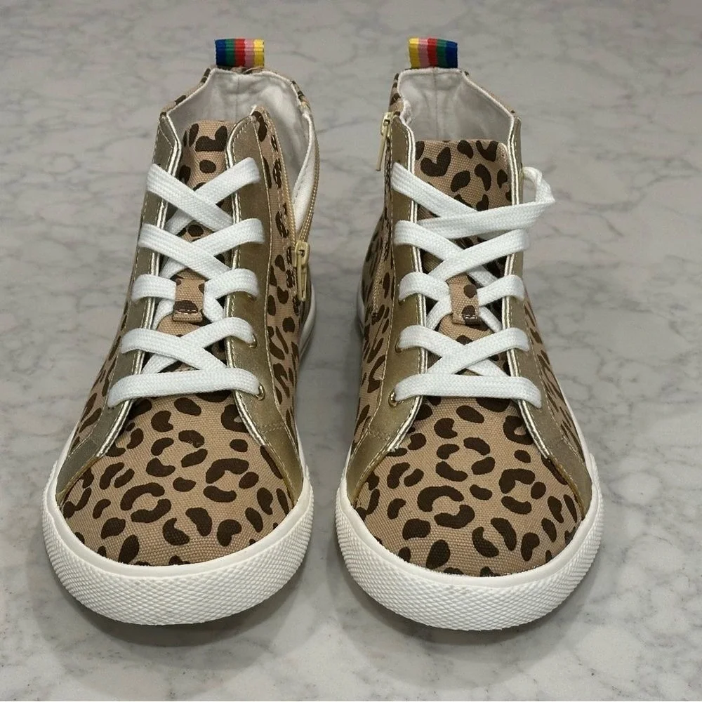 Mini Boden Girls Leopard Print High Top Sneakers Gold Trim Rainbow Zip Size 39